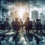 double-exposure-photograph-business-conference-with-gathering-people-backdrop-city-office-building-background-generative-ai